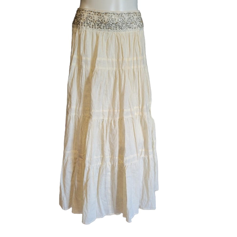 Women's Linen blend Ivory Maxi skirt Size 8 Sequin Embellished layered Skirt